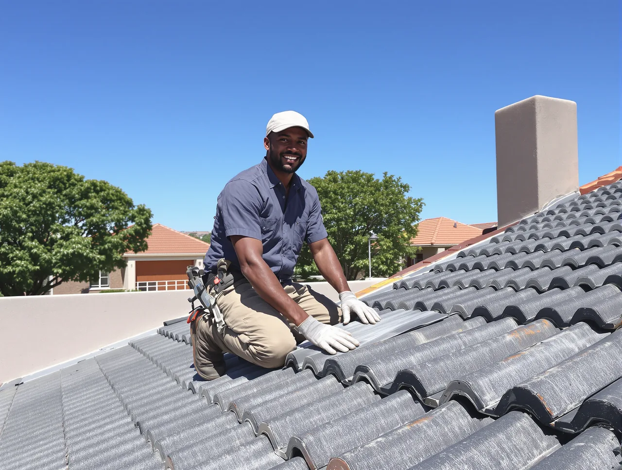 A smiling roofer at work on a tiled roof